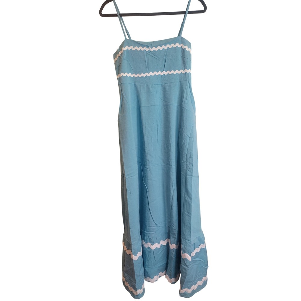 PrettyGarden Women Blue Ric Rac Trim Maxi Dress Adjustable Straps Smocked Back
